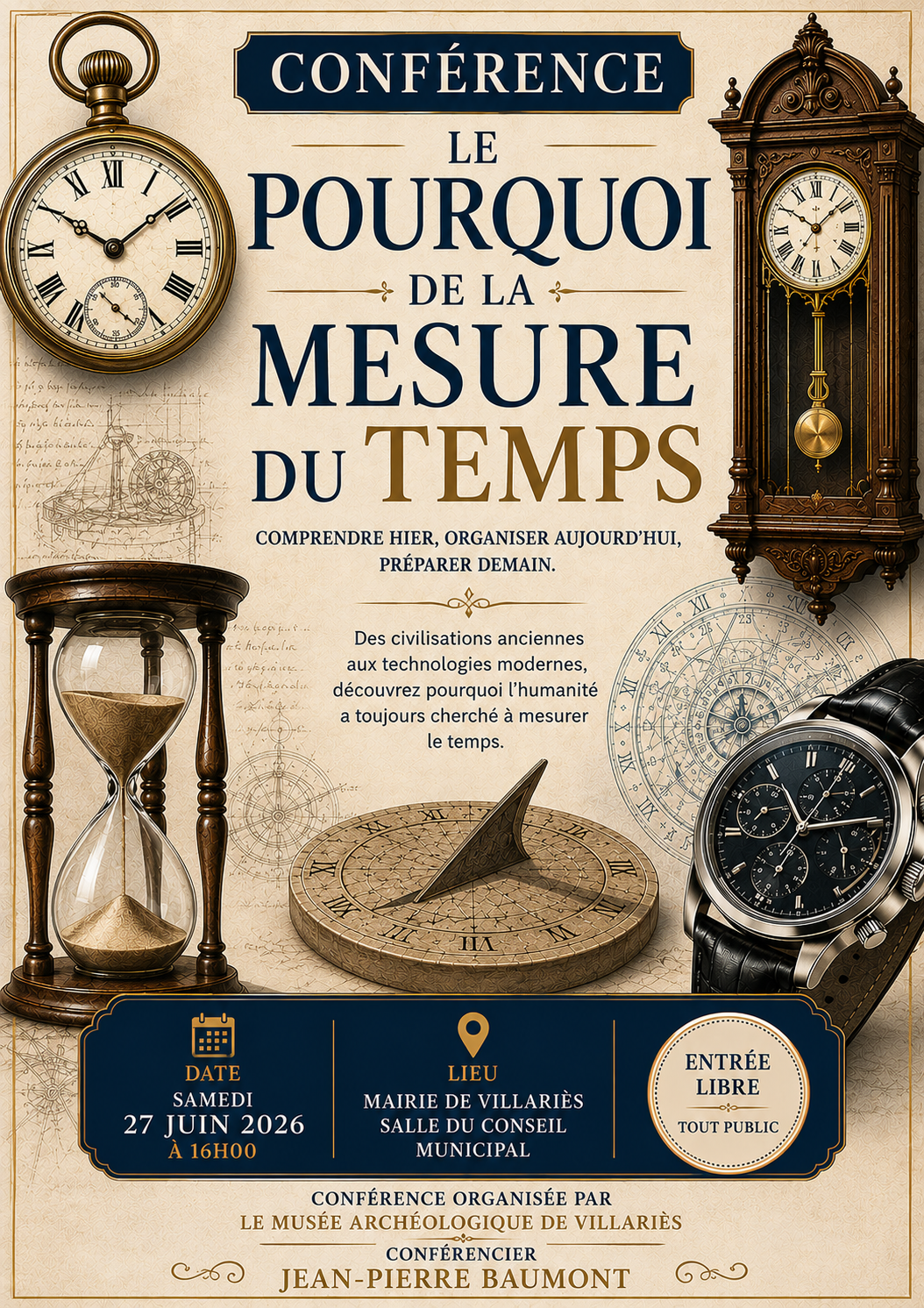 affiche avec des dessins d'objets illustrant le temps comme montre... ensemble d'écriture reprenant les informations sur l'événement Conférence 